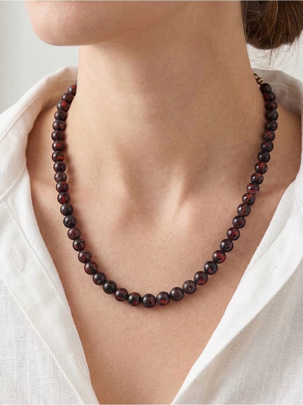 DJoy Women’s Cherry Amber Beaded Necklace Sterling Silver 22in New Red/Brown